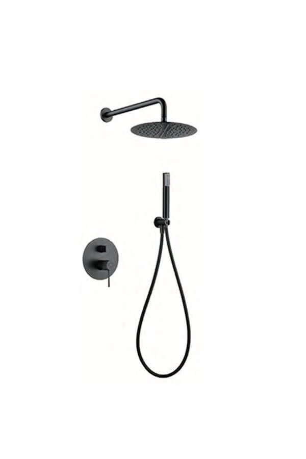 Cabezal de ducha negro, ducha de mano y panel de control sobre fondo blanco.