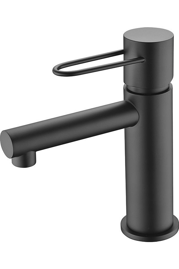 Grifo negro con base y caño cilíndricos y maneta circular.