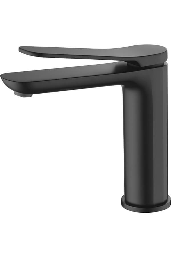 Grifo de baño moderno negro. Manija de palanca, base cilíndrica y caño extensible hacia la izquierda.