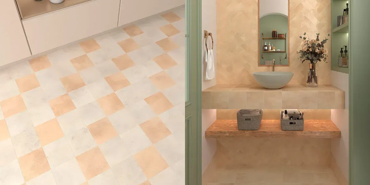 Interior de baño con suelo de tablero de ajedrez y tocador con lavabo.