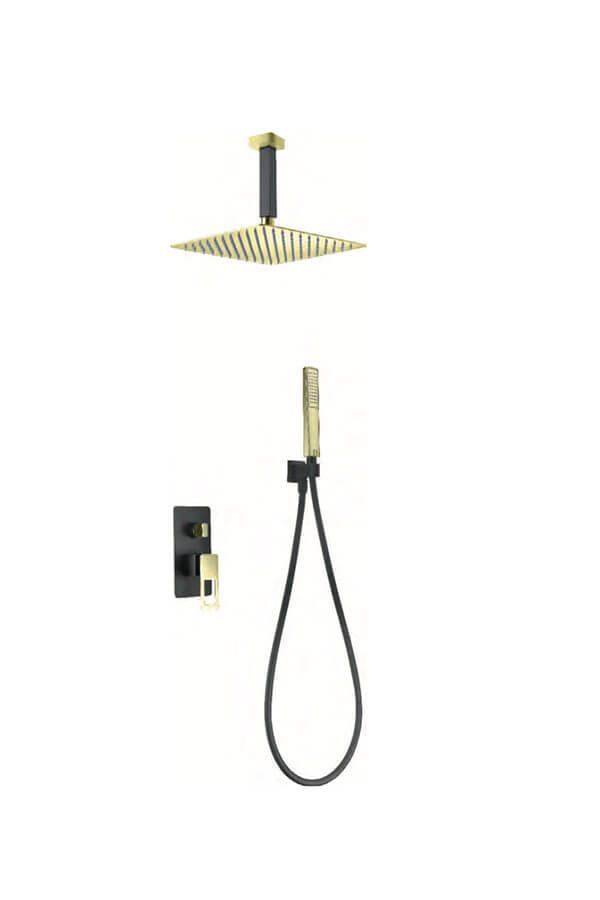 Juego de ducha negro y dorado sobre fondo blanco. Incluye cabezal de techo, ducha de mano y panel de control.