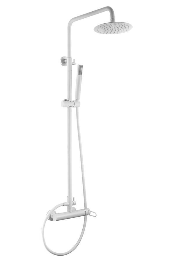 Sistema de ducha blanco con cabezal de ducha tipo lluvia y ducha de mano.