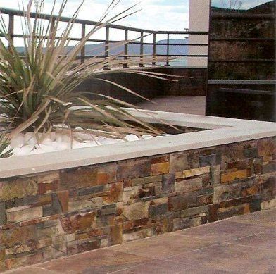 Jardinera de piedra con plantas altas y delgadas, sobre un fondo de barandilla y edificio.