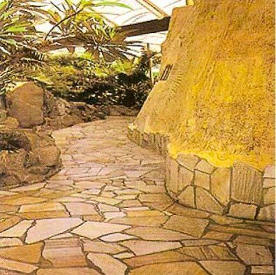 Camino de piedra a través de un jardín, que pasa por una pared amarilla texturizada.