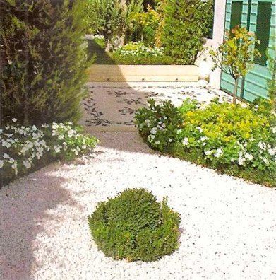 Camino de jardín de grava blanca, bordeado de arbustos y flores, que conduce hacia una puerta verde.