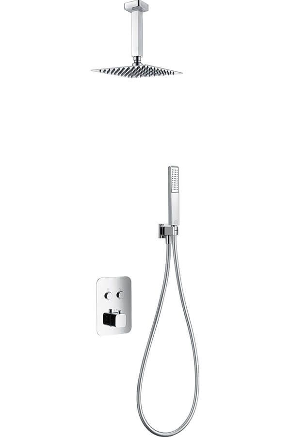 Rociador de ducha de techo, ducha de mano y panel de control, todo en acabado cromado.