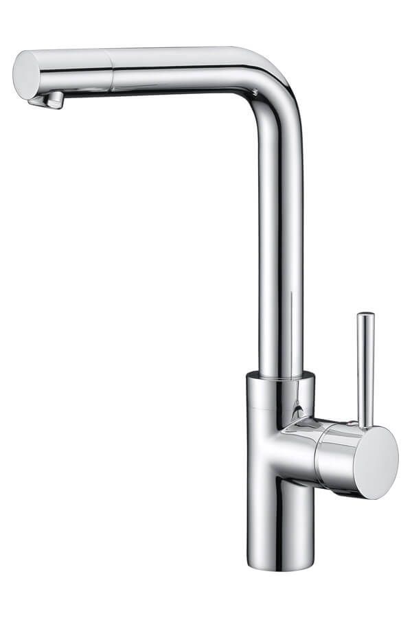 Grifo de cocina cromado con caño alto en ángulo recto y manija de palanca única.
