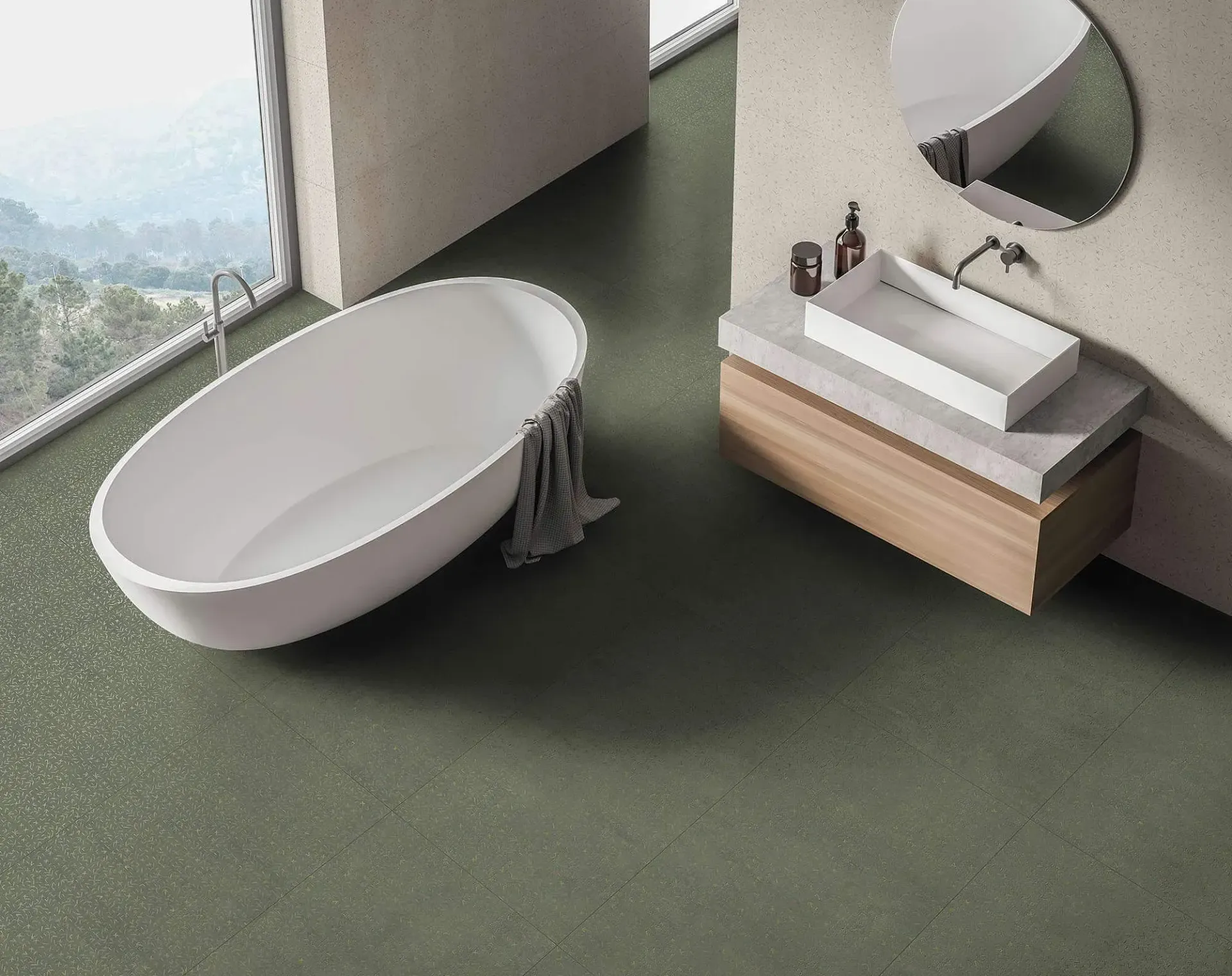 Baño moderno con bañera ovalada, lavabo flotante y suelo verde. Ventana con vistas.