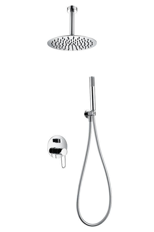 Juego de ducha cromado con cabezal de ducha de lluvia redondo, ducha de mano y válvula de control.