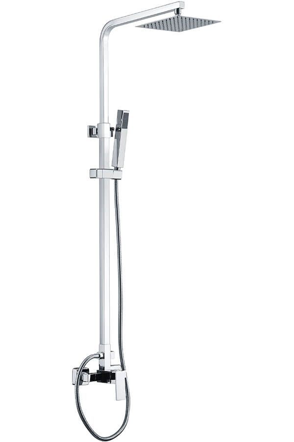 Sistema de ducha plateado con cabezal de ducha cuadrado y ducha de mano.