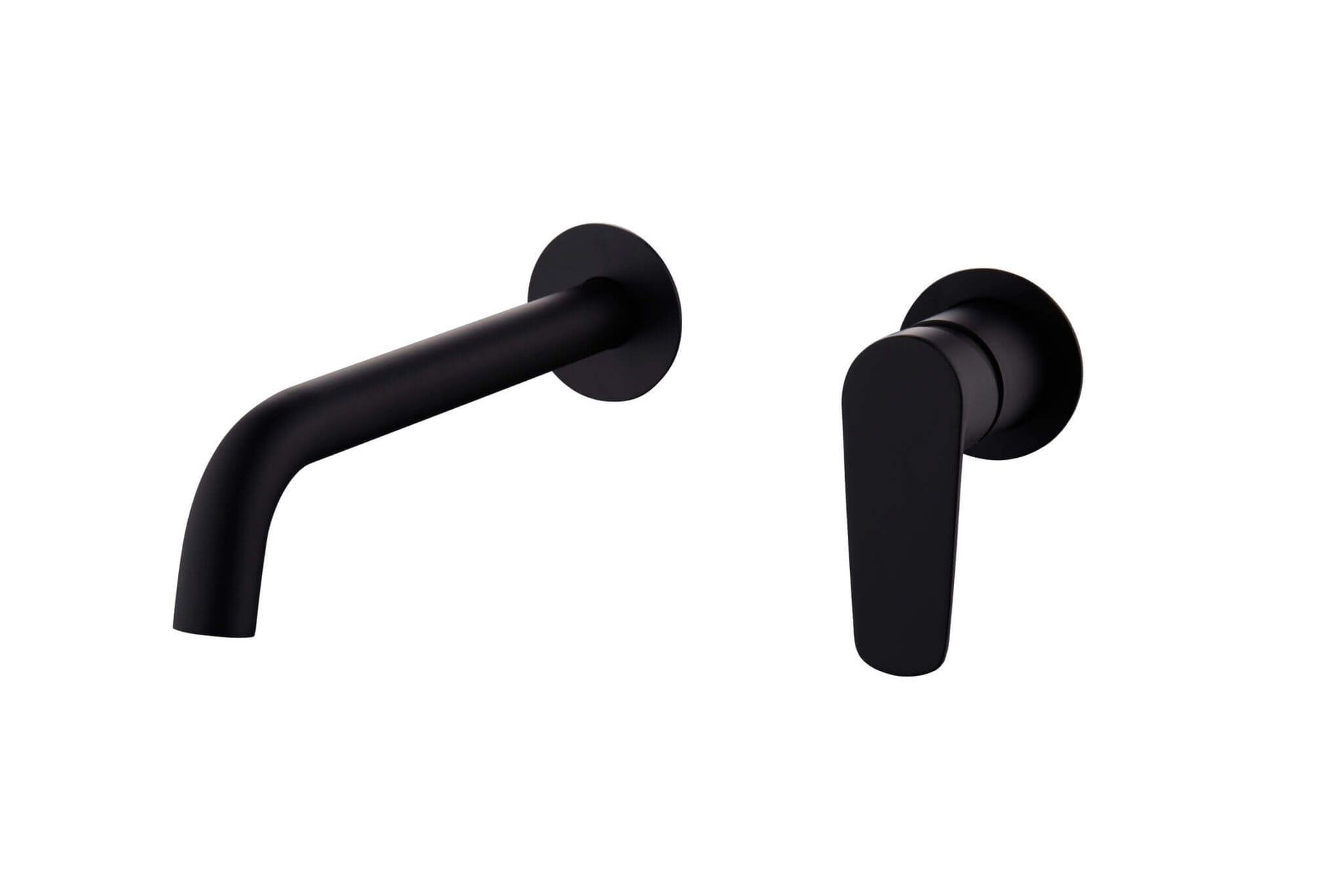 Grifo de pared de color negro y maneta de palanca sobre fondo blanco.