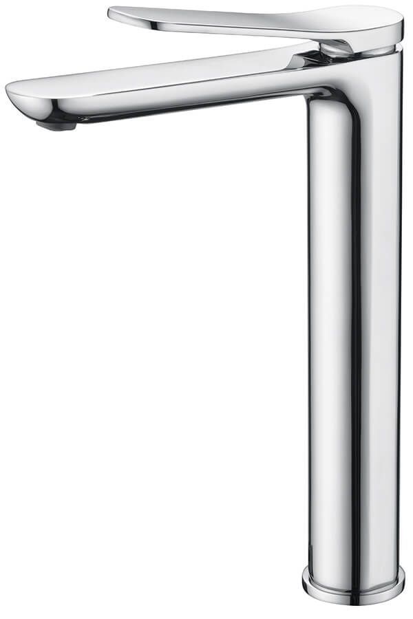 Grifo de baño alto cromado con caño curvo y palanca.