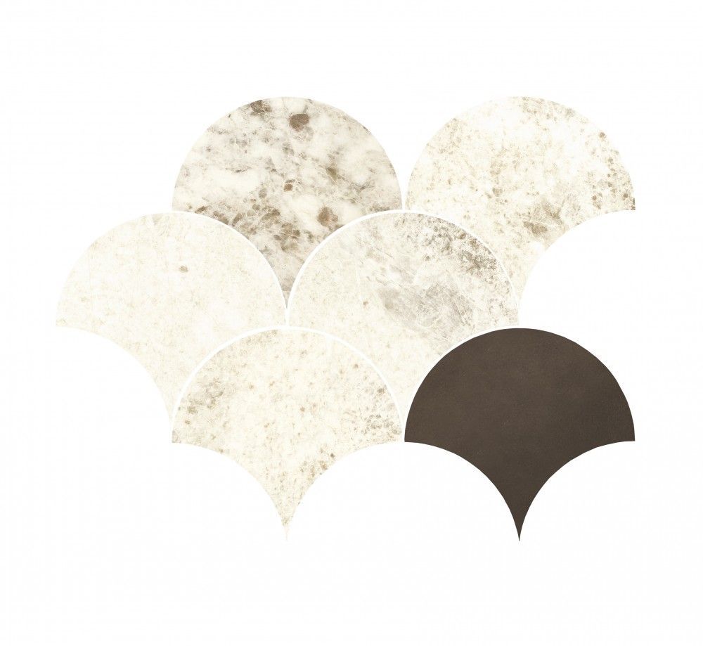 Patrón de mosaico que presenta piezas en forma de abanico de color blanco y marrón.