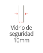 Diagrama de un panel de vidrio de seguridad de 10 mm, con flechas rojas que indican el espesor.