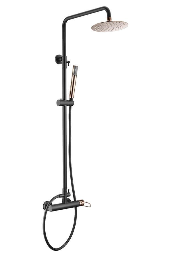 Sistema de ducha negro y cobre con cabezal de ducha tipo lluvia, ducha de mano y controles de temperatura.