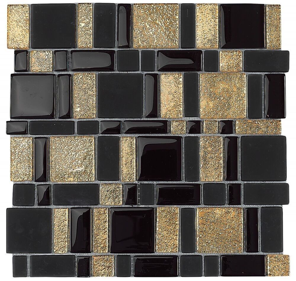 Mosaico negro y dorado con varias formas rectangulares y cuadradas.
