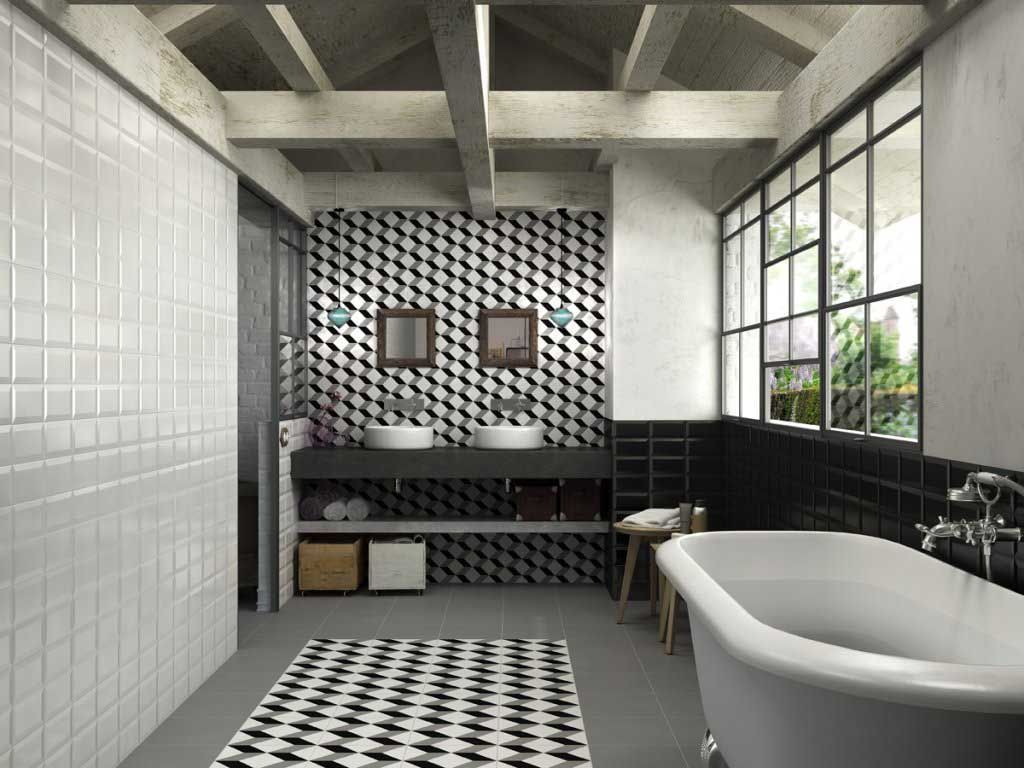 Baño moderno con detalles de azulejos en blanco y negro, bañera y ventanas grandes.