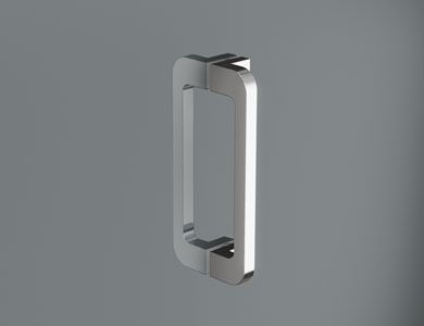 Manija de puerta cromada sobre un fondo gris.