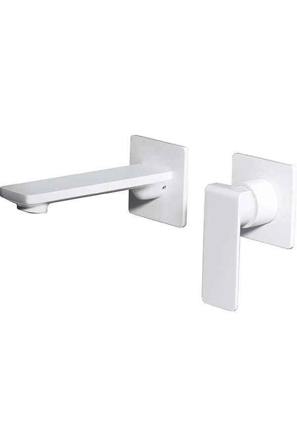 Juego de grifería de baño de pared de color blanco, con manija de palanca y caño rectangular.