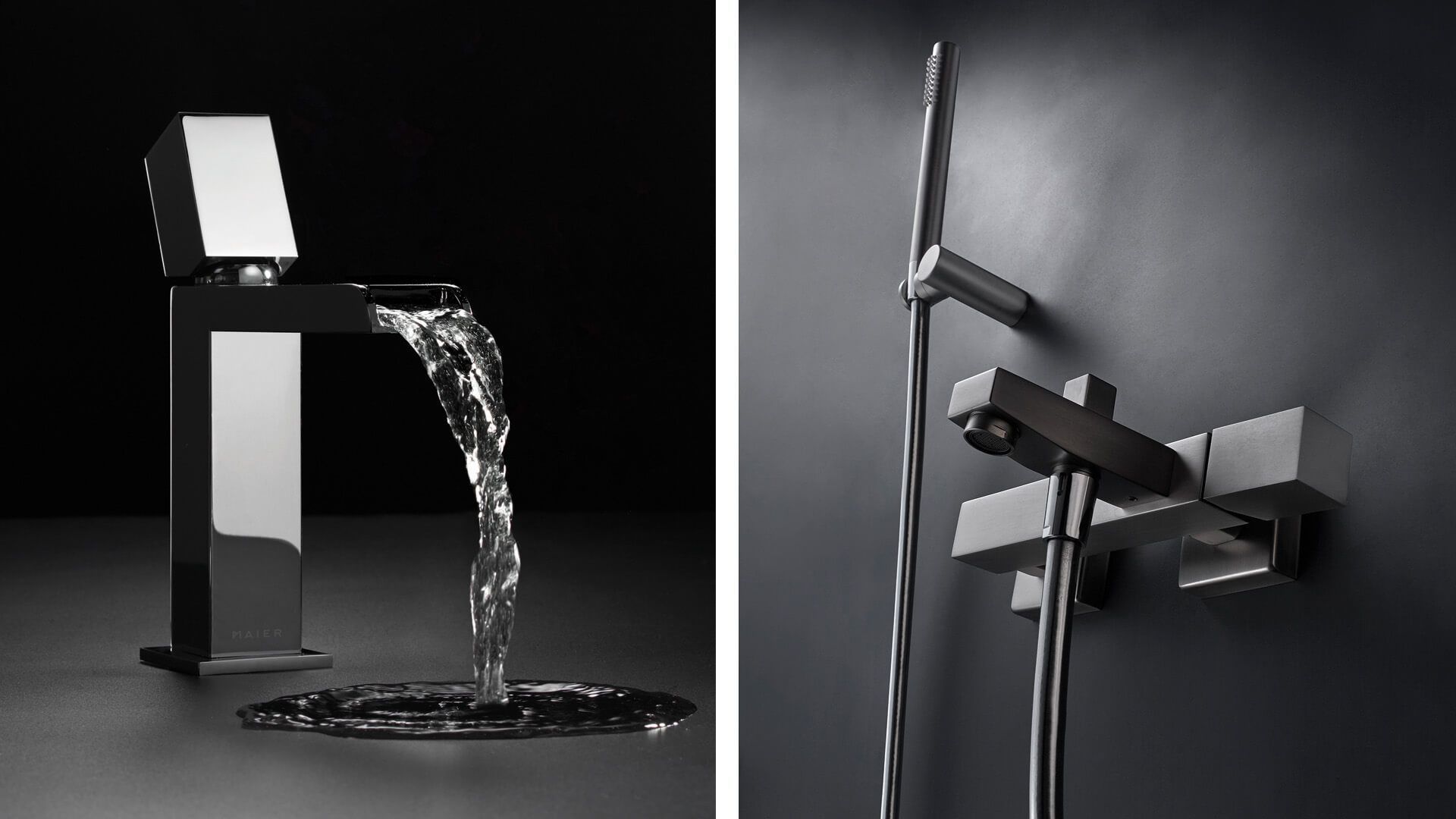 Izquierda: Grifo cromado moderno con agua fluyendo. Derecha: Ducha cromada sobre pared oscura.