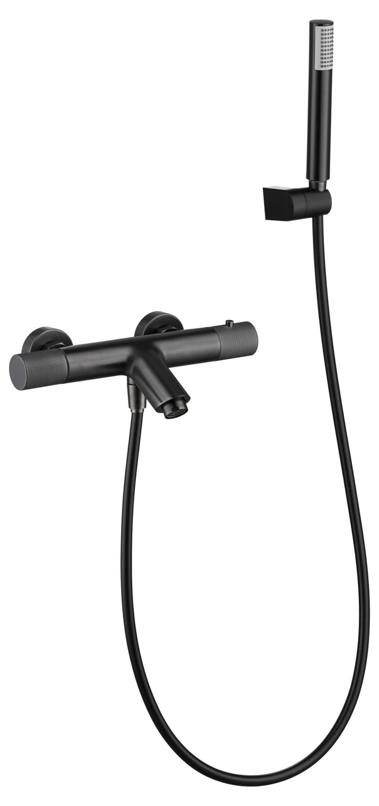 Grifo de ducha negro con cabezal de ducha de mano y manguera.