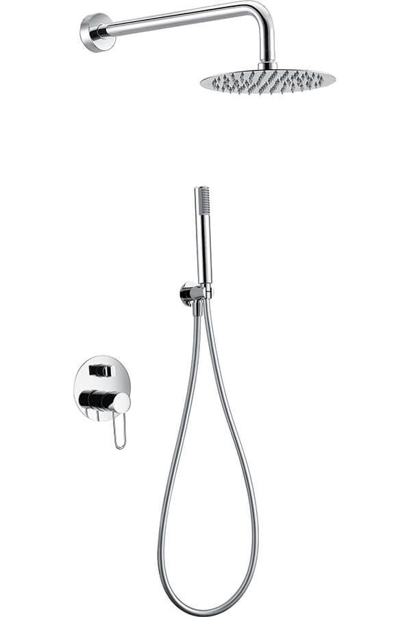 Sistema de ducha cromado con cabezal de ducha tipo lluvia, ducha de mano y válvula.
