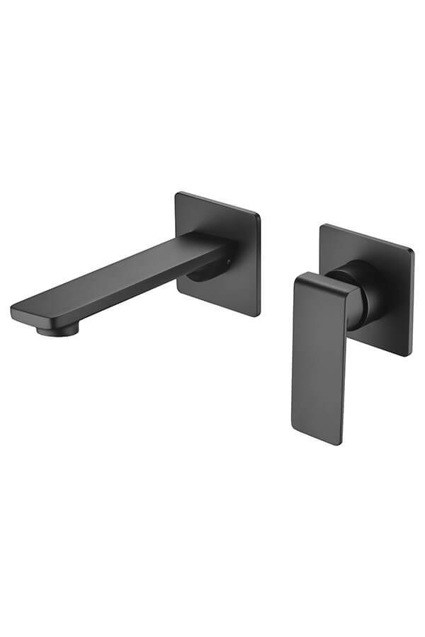 Grifo de baño de pared negro mate con caño cuadrado y manija.