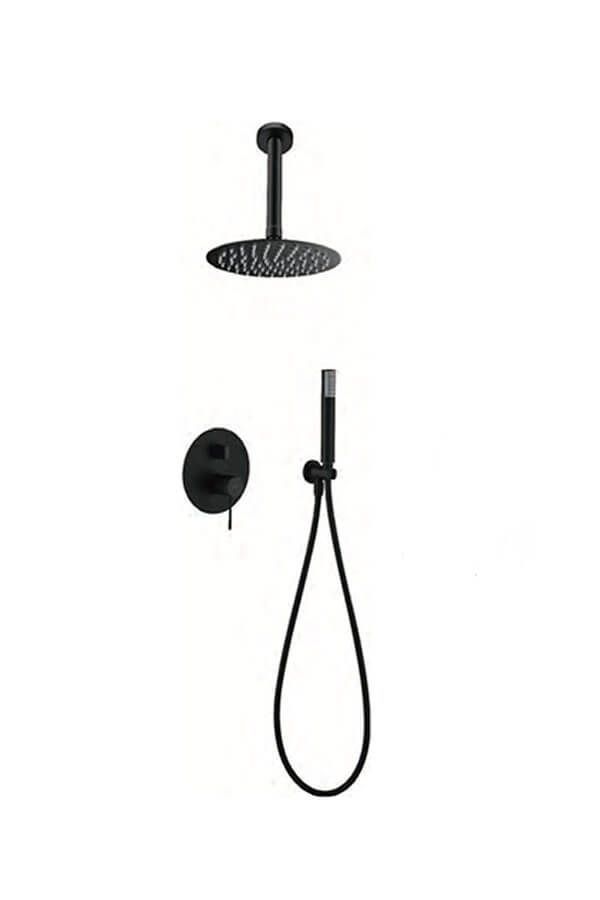 Cabezal de ducha negro, ducha de mano y válvula montada en la pared sobre un fondo blanco.