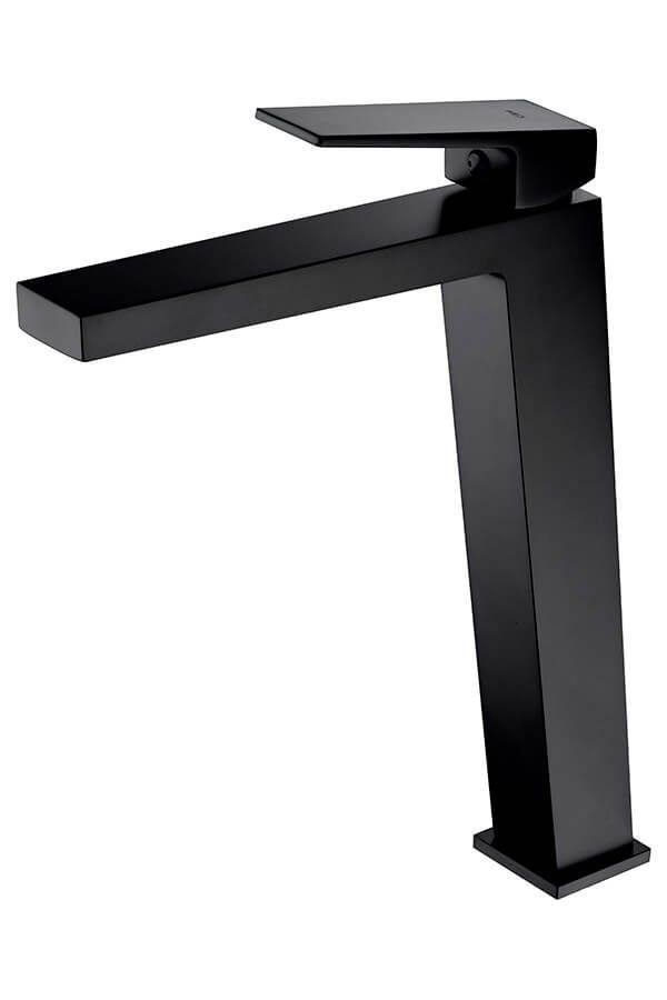 Grifo de baño monomando moderno, negro. Caño rectangular elevado con palanca en la parte superior.