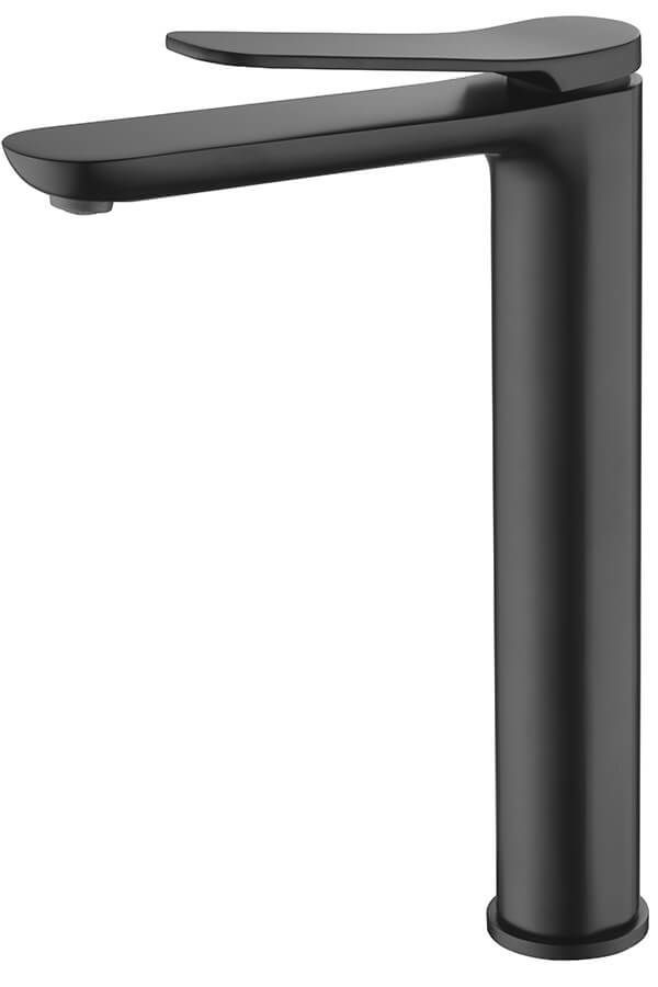 Grifo de baño alto, negro mate, con caño curvo y manija de palanca.