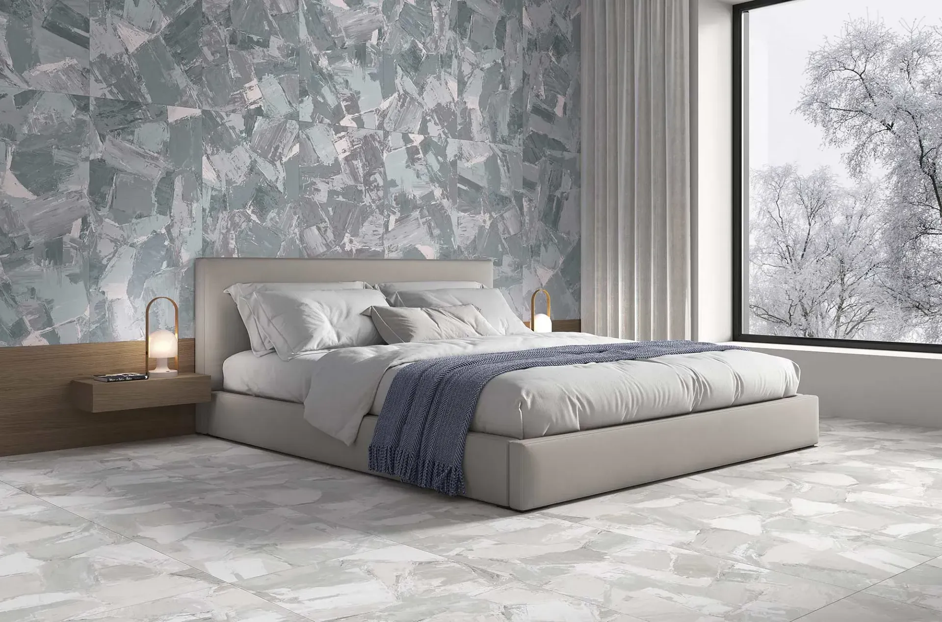 Dormitorio con cama grande, pared texturizada, alfombra y ventana con vista exterior nevada.