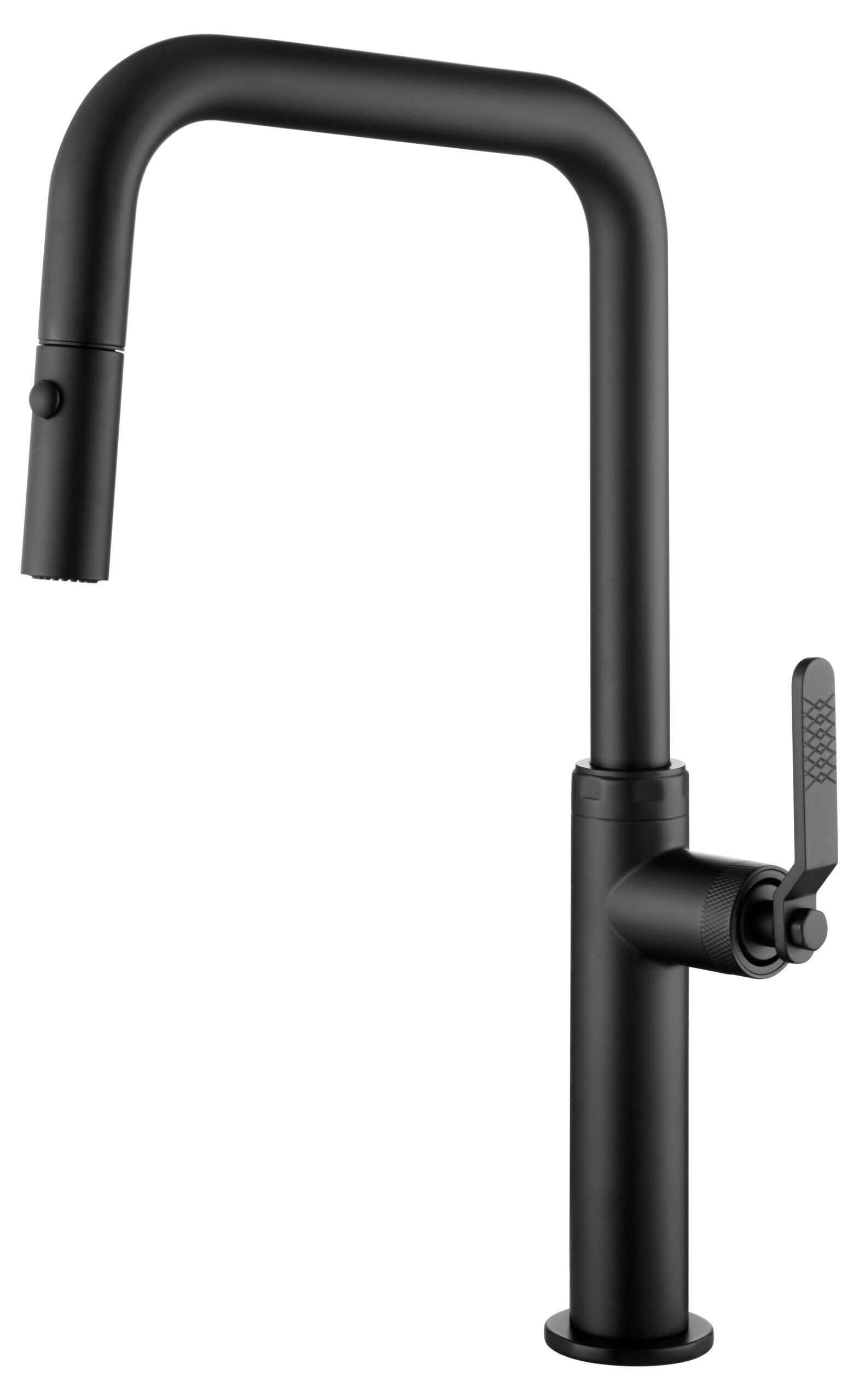 Grifo de cocina negro con caño curvo y manija de palanca.