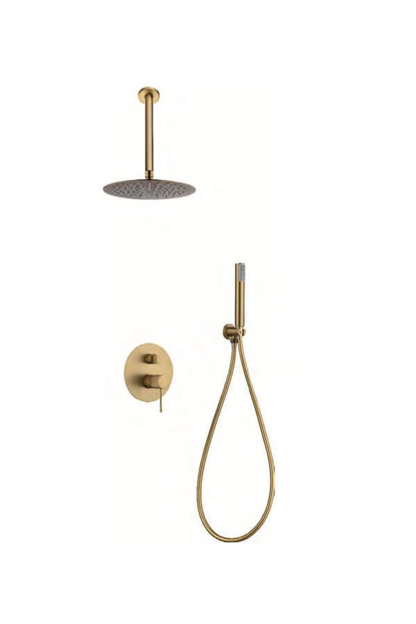 Accesorios de ducha Gold: cabezal de lluvia, control de montaje en pared y cabezal de ducha de mano.
