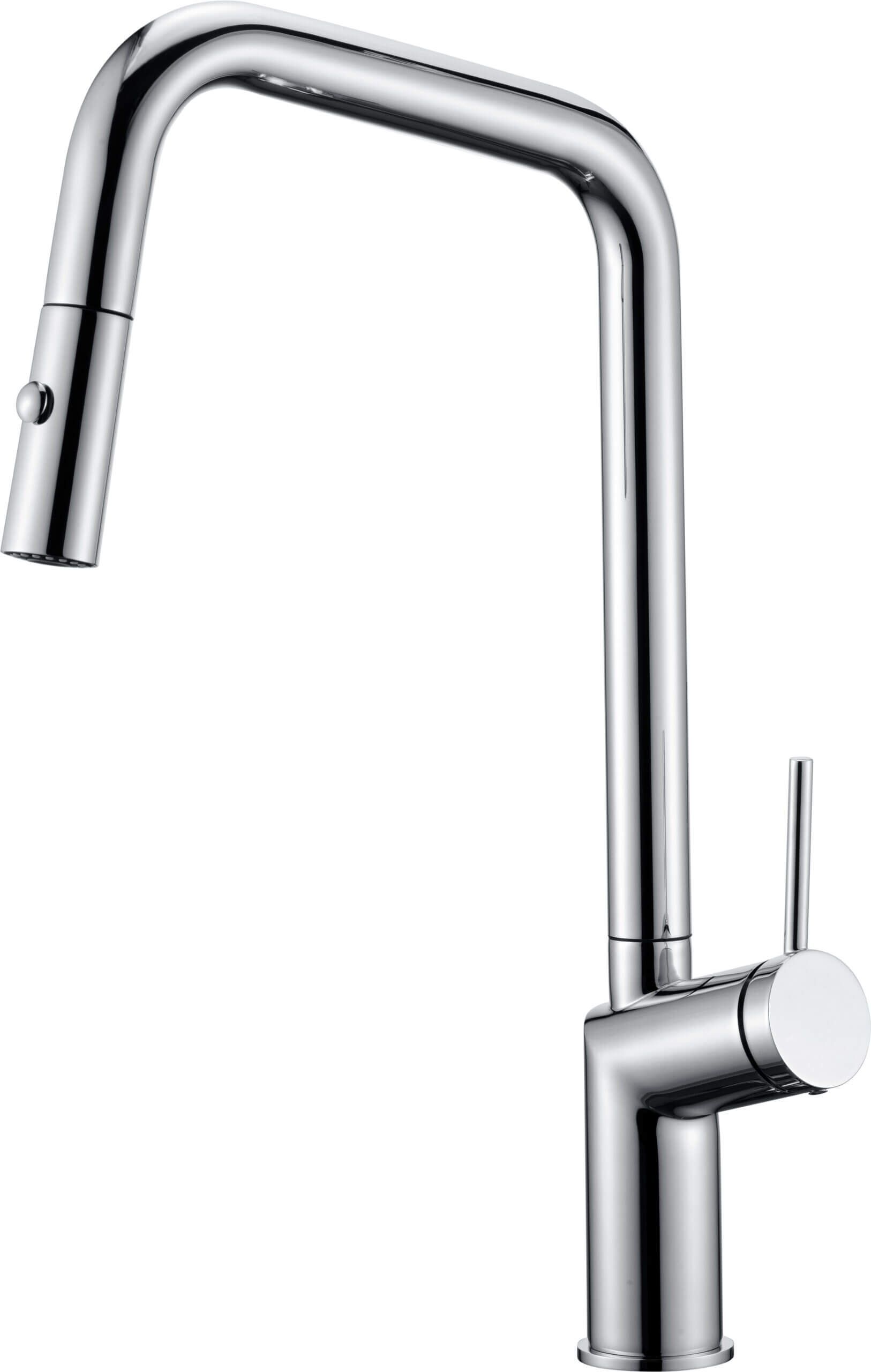 Grifo de cocina cromado con rociador extraíble y manija única.