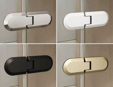 Cuatro bisagras para gabinete en plata, blanco, negro y dorado.