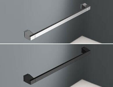 Dos toalleros modernos, uno plateado y otro negro, montados en una pared gris.