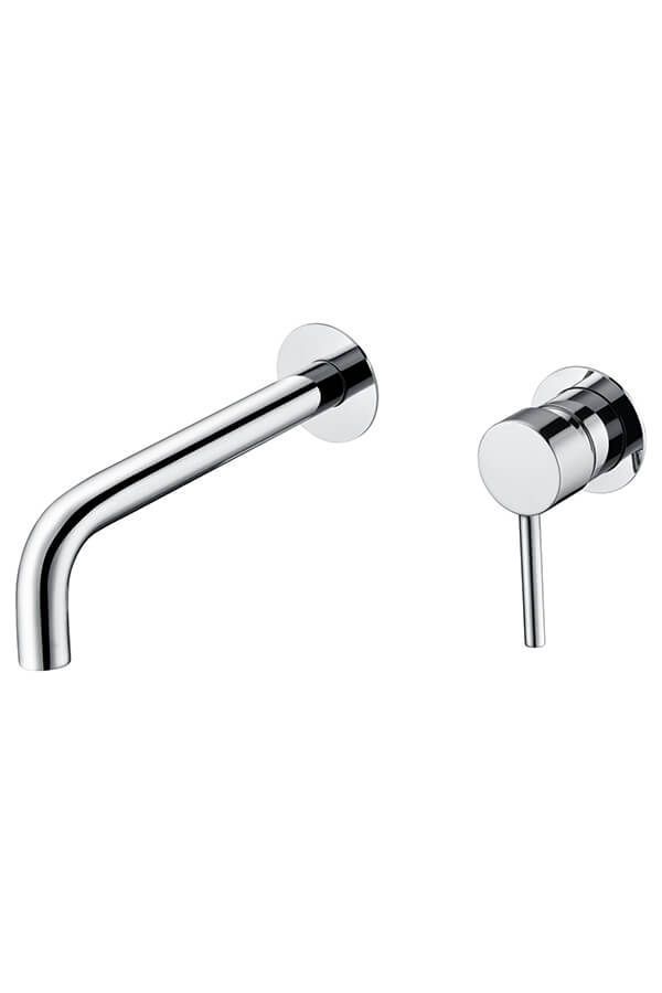 Grifo y maneta cromados para montaje en pared con caño curvo y palanca.