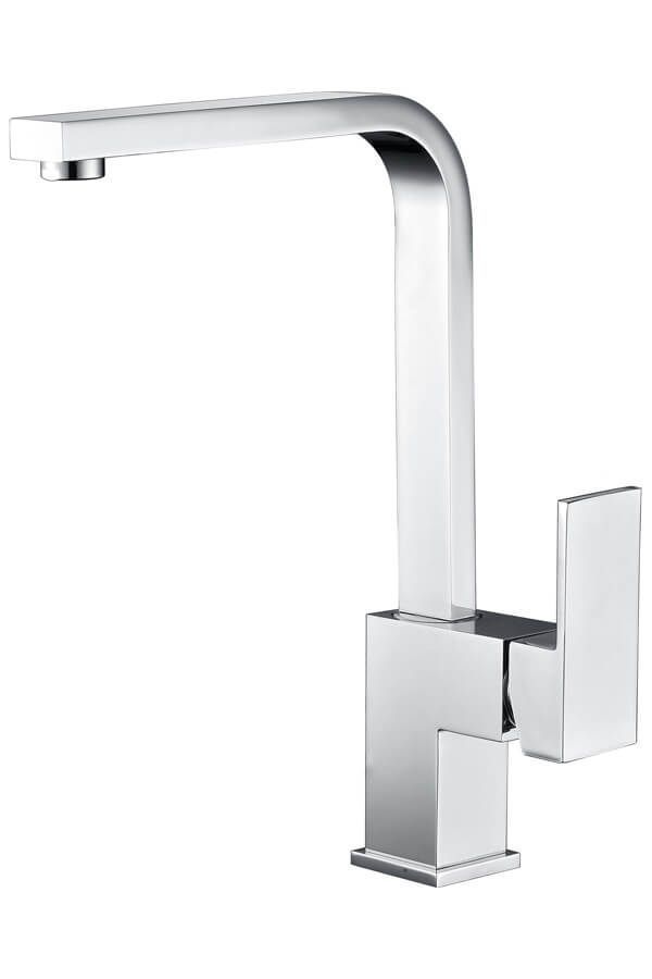 Grifo cromado de diseño cuadrado, con caño alto y manija de palanca única.