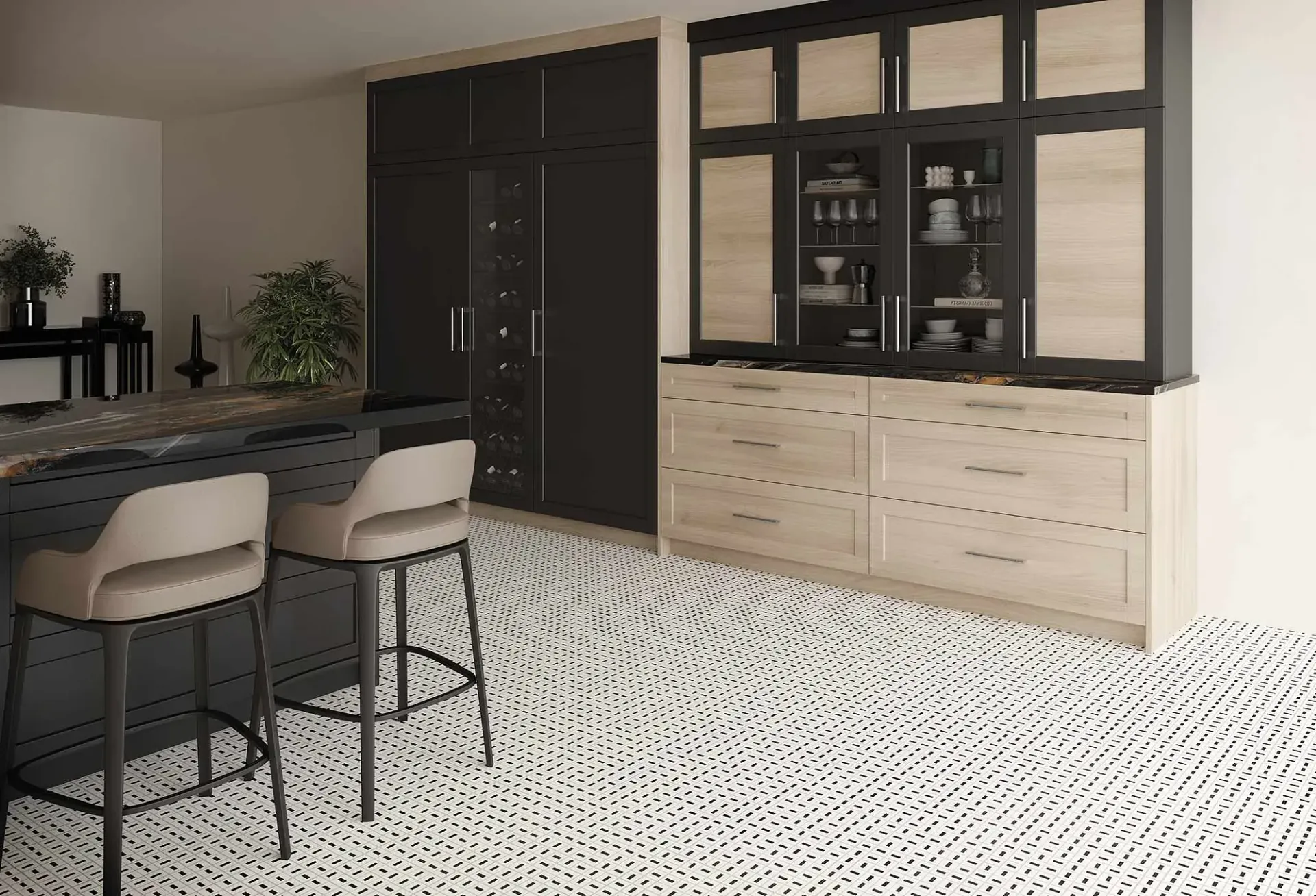 Dos taburetes de bar en una habitación con gabinetes de madera clara, detalles en negro y pisos estampados.