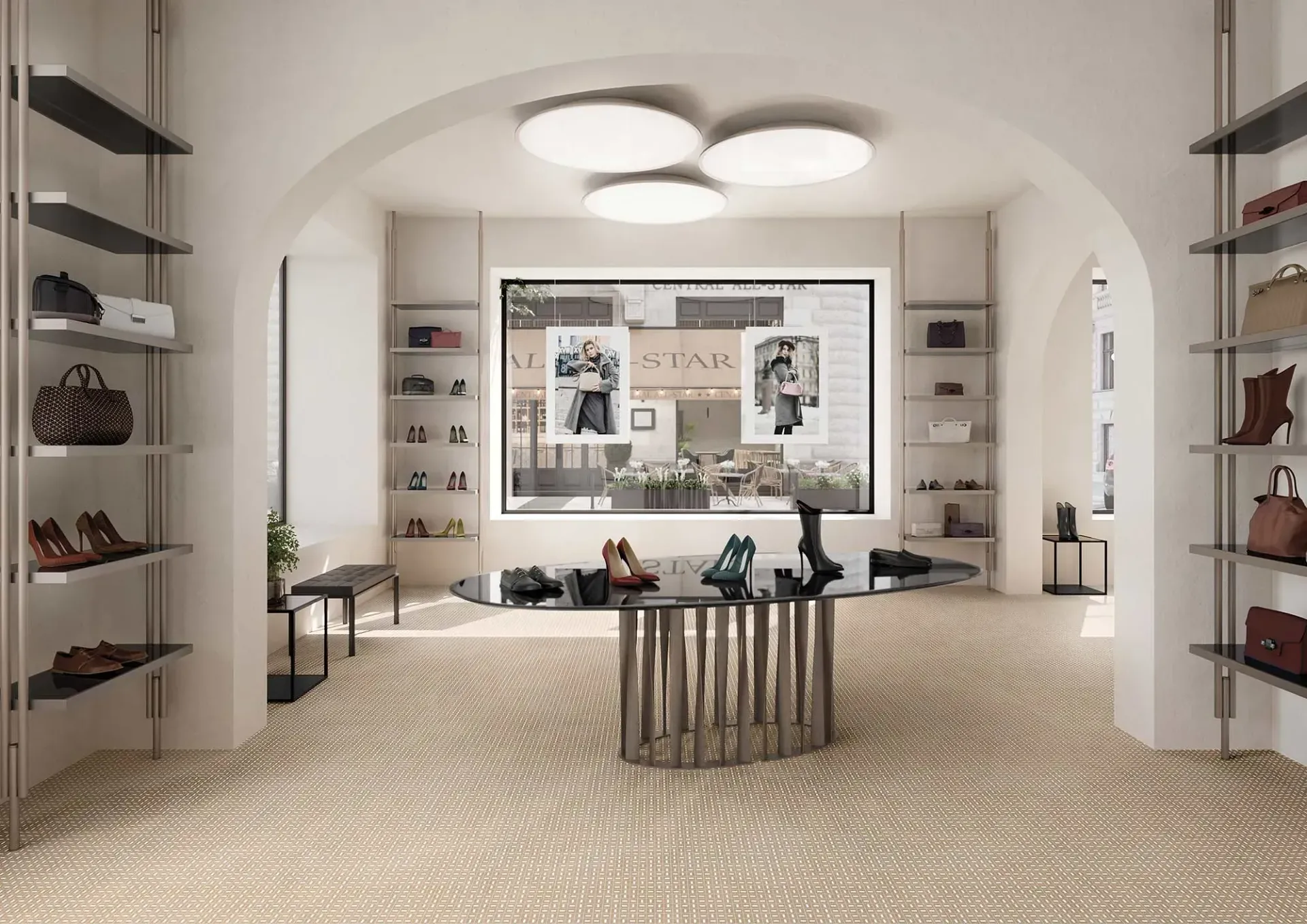 Interior de una zapatería de lujo con una mesa de exhibición en el centro y estantes que recubren las paredes.