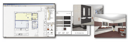 Capturas de pantalla del software de diseño arquitectónico: plano de planta, opciones de materiales y representaciones interiores de un baño y una cocina.