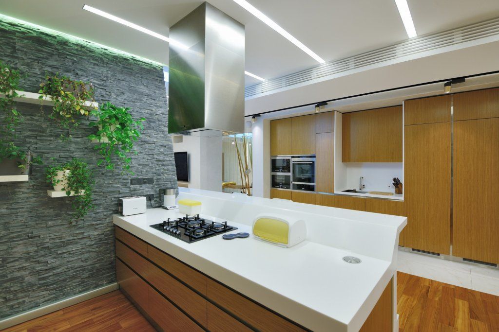 Cocina moderna con encimeras blancas, muebles de madera y campana extractora de acero inoxidable. A la izquierda hay una pared con plantas.