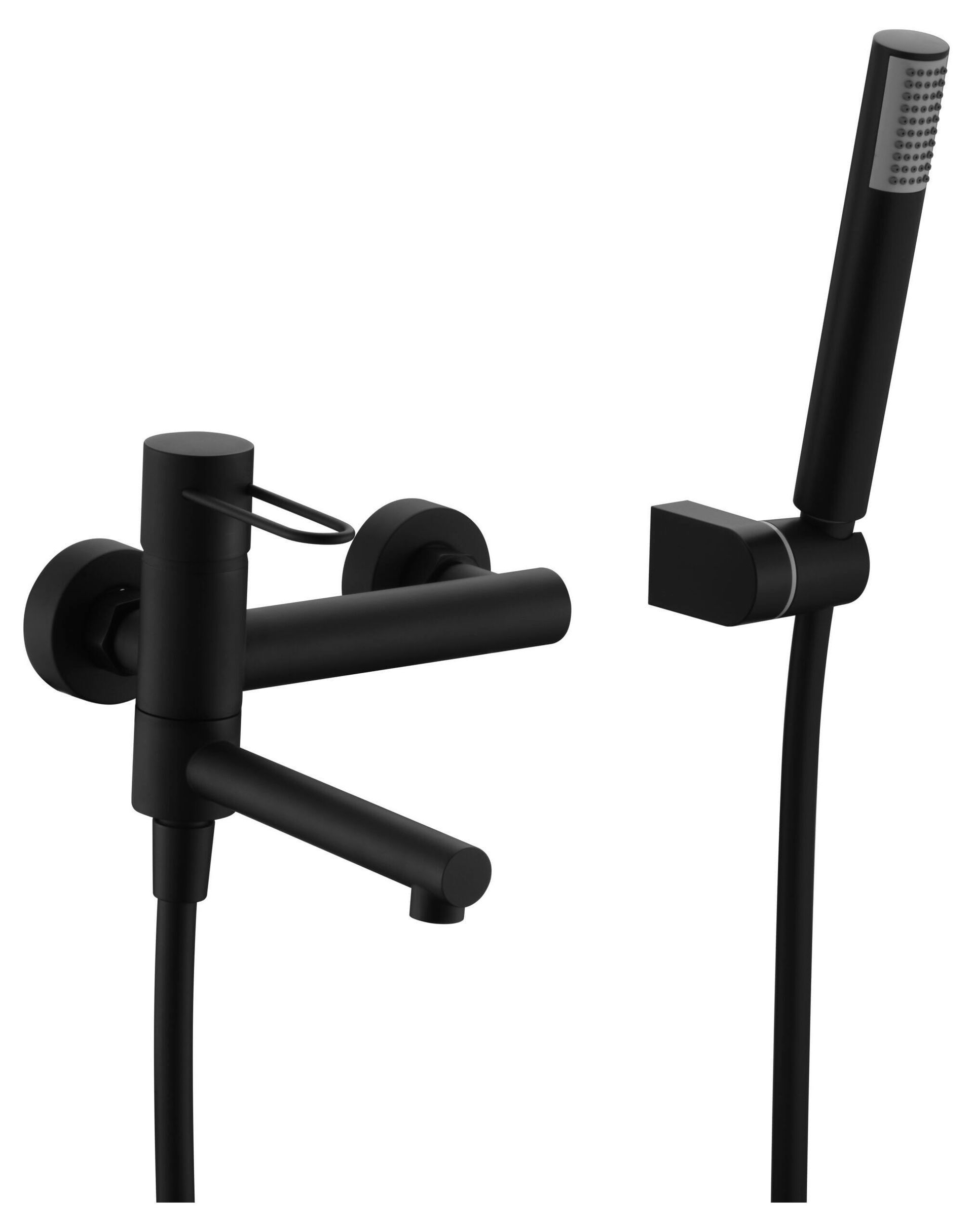Grifo de baño negro con cabezal de ducha de mano.