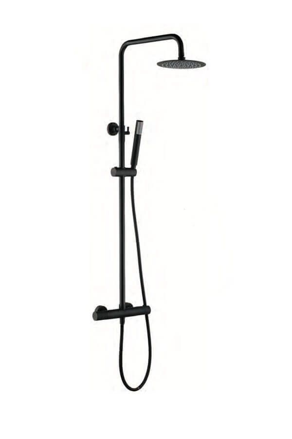 Artefacto de ducha negro con cabezal de ducha tipo lluvia y ducha de mano.