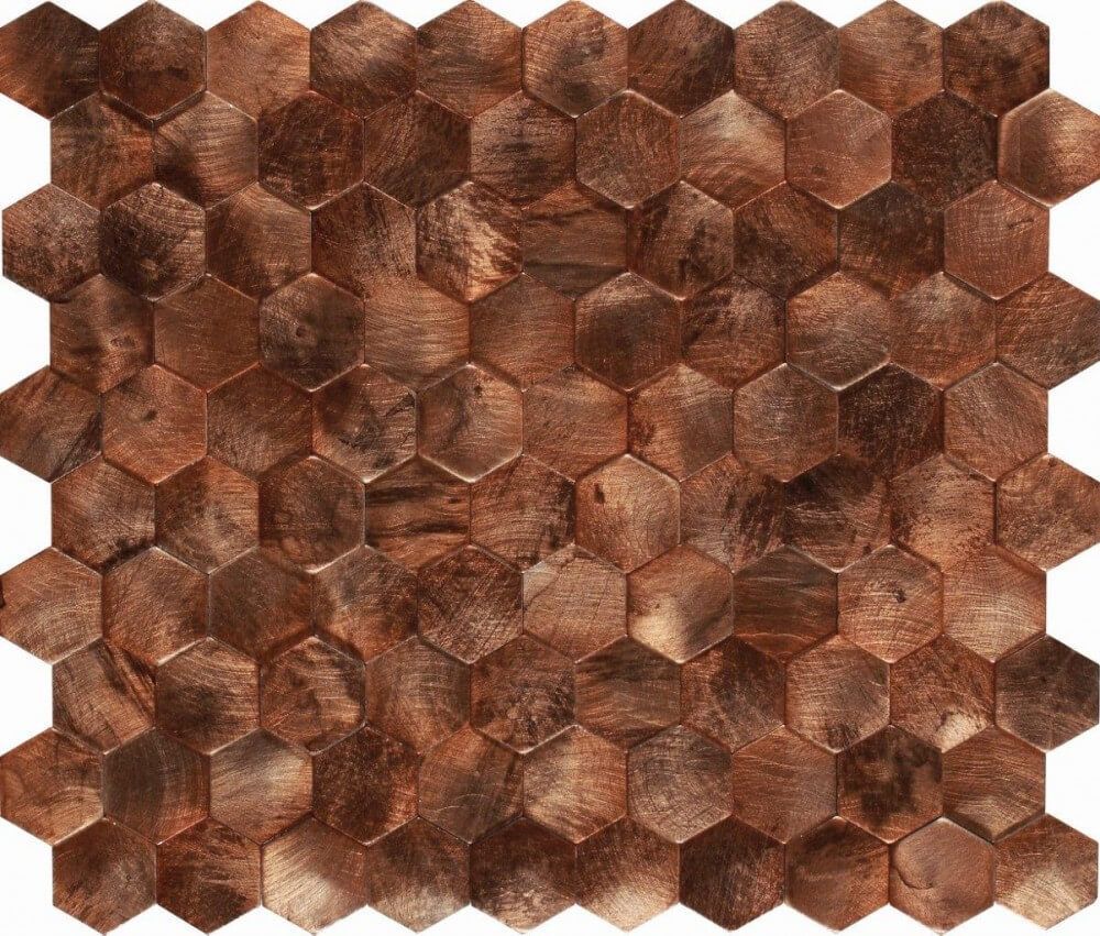 Patrón de mosaico hexagonal en tonos cobre con diferentes tonos y texturas.