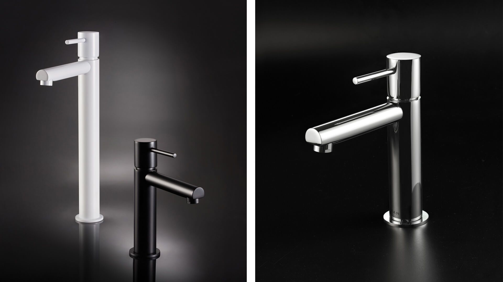Dos grifos de baño modernos, de color blanco y negro sobre un fondo oscuro; también se muestra uno plateado.