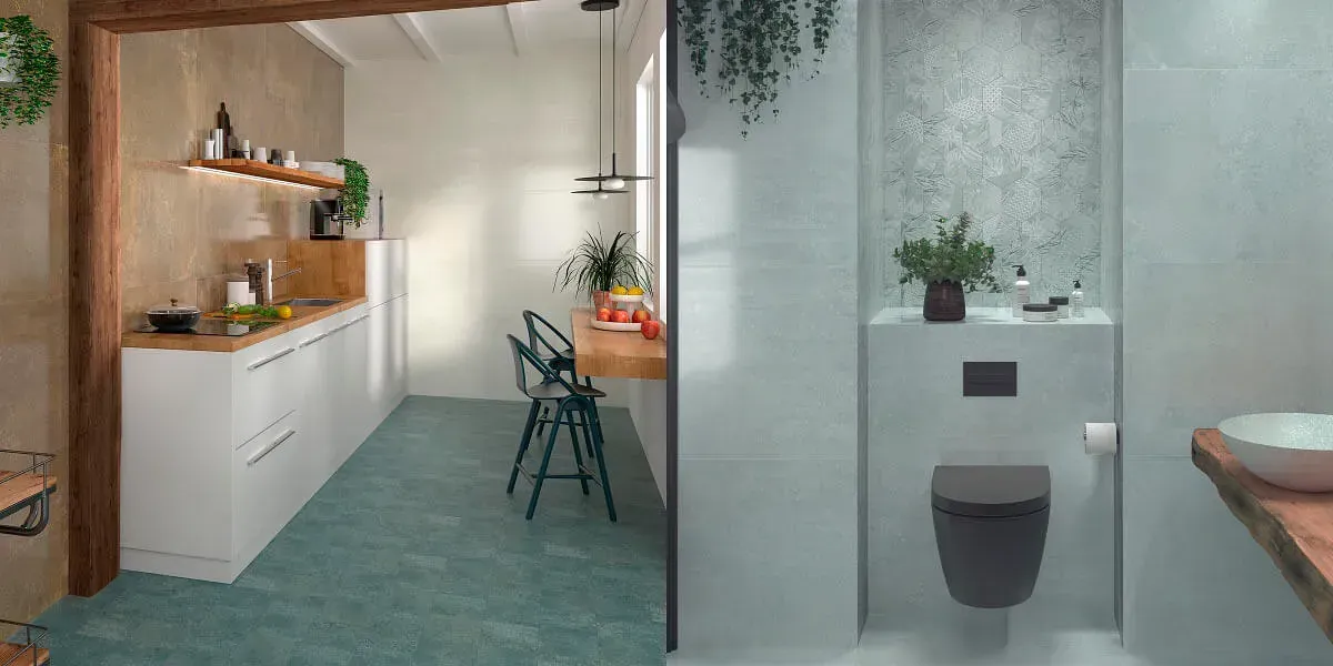Cocina y baño, uno al lado del otro. La cocina tiene muebles blancos y suelo azul. El baño es blanco con inodoro gris.