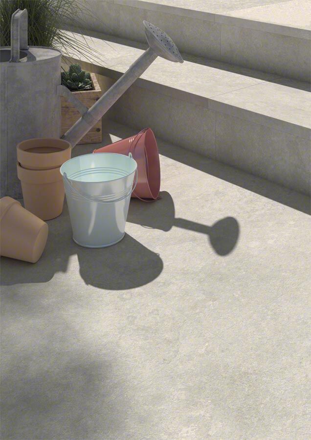 Herramientas de jardinería sobre una superficie de hormigón: regadera, cubo, macetas, sombra.