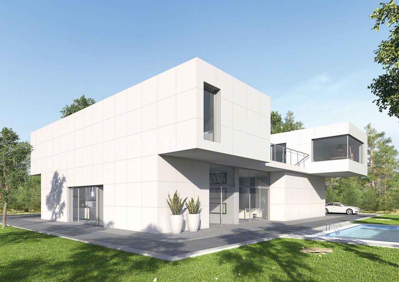 Moderna casa blanca con piscina y coche en un día soleado.