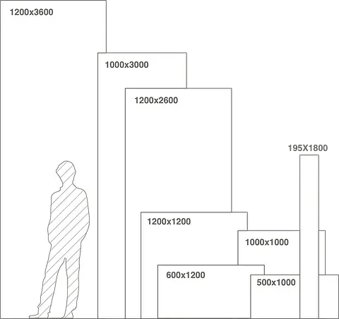Ilustración de una persona junto a una serie de rectángulos verticales, cada uno etiquetado con dimensiones en píxeles.